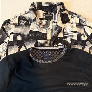 2 Denim &Flower shirts. One graphic button up(M) other black with trimming (L)